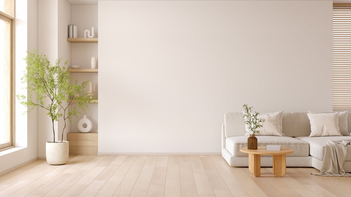 Minimal living room with modern sofa, wooden furniture and white walls
